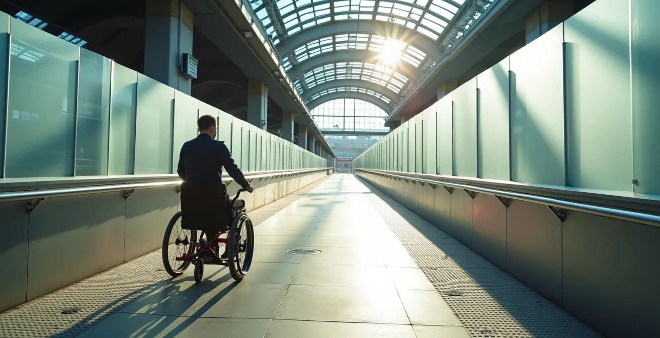 Vue grand angle d'une rampe d'accès moderne dans une gare avec voyageur en fauteuil roulant