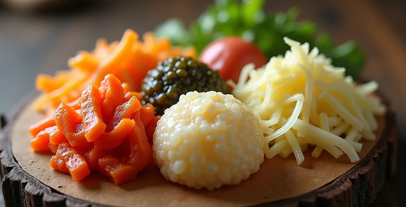 Gros plan sur différents aliments fermentés traditionnels du monde entier disposés sur une table rustique