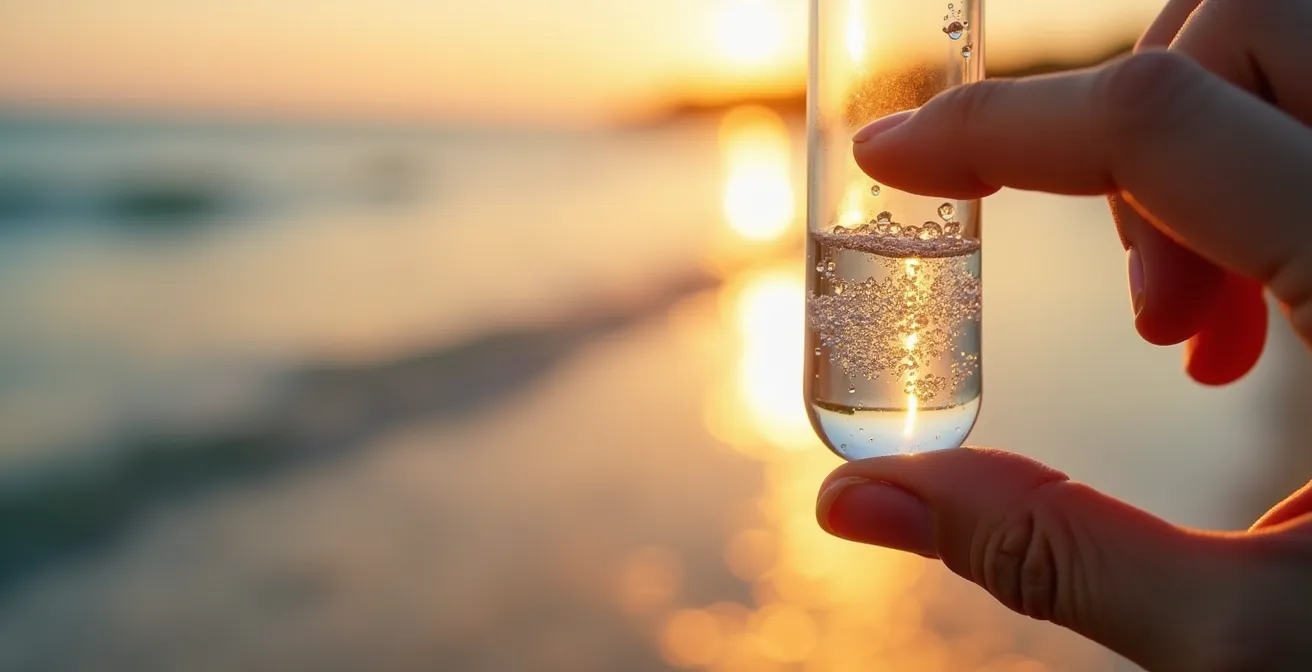 Main tenant une éprouvette d'eau de mer transparente face à l'horizon marin au coucher du soleil