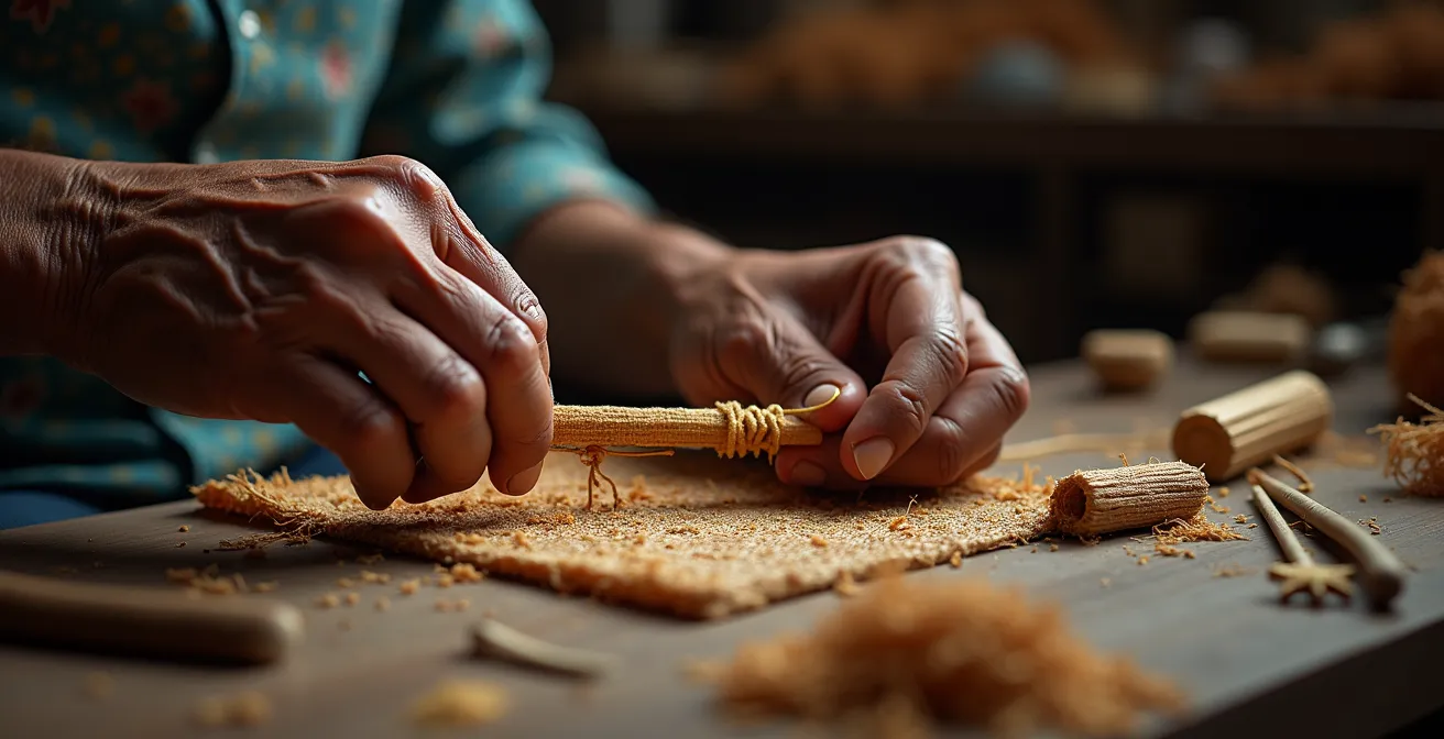Artisan travaillant sur une pièce traditionnelle dans son atelier authentique