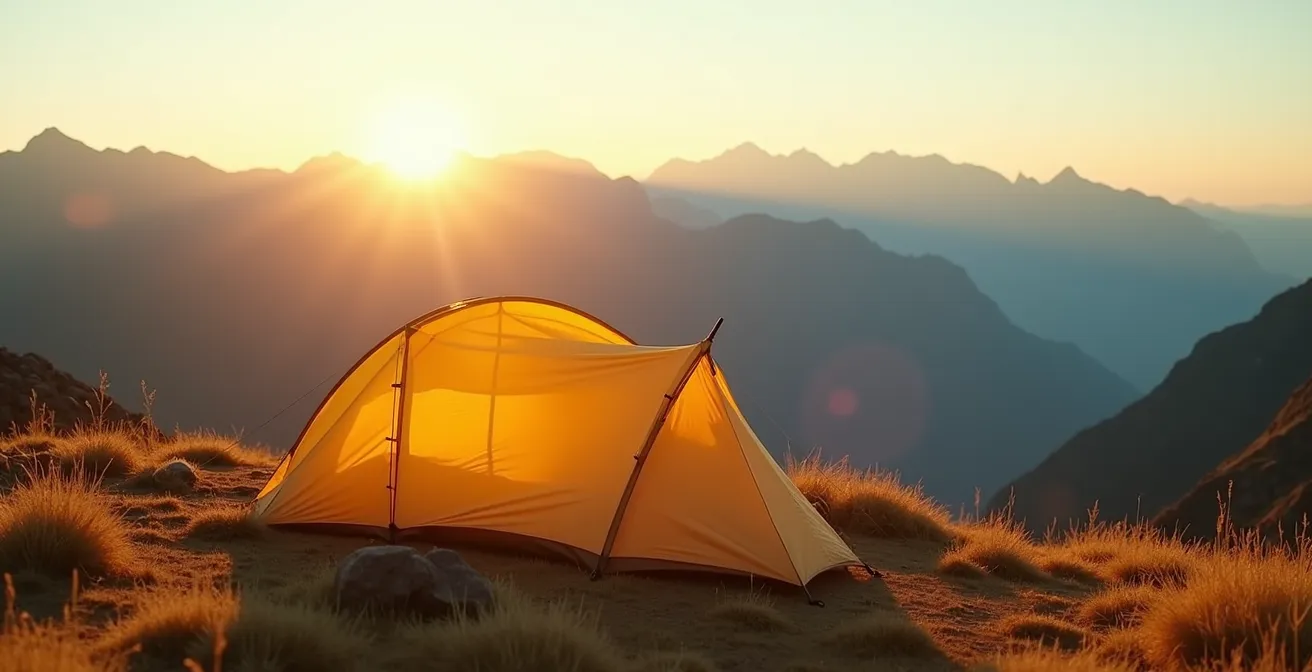 Tente ultralégère installée sur un plateau alpin au lever du soleil