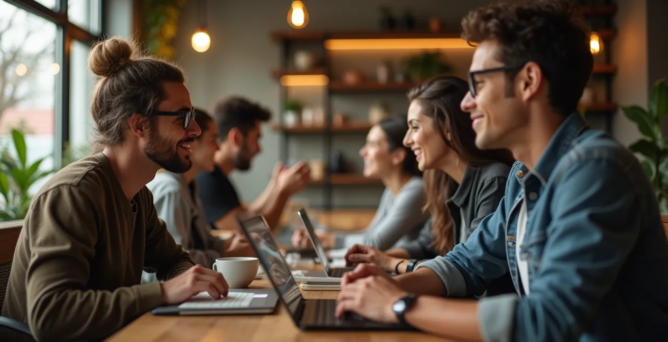 Espace de café-coworking animé avec voyageurs et locaux travaillant ensemble