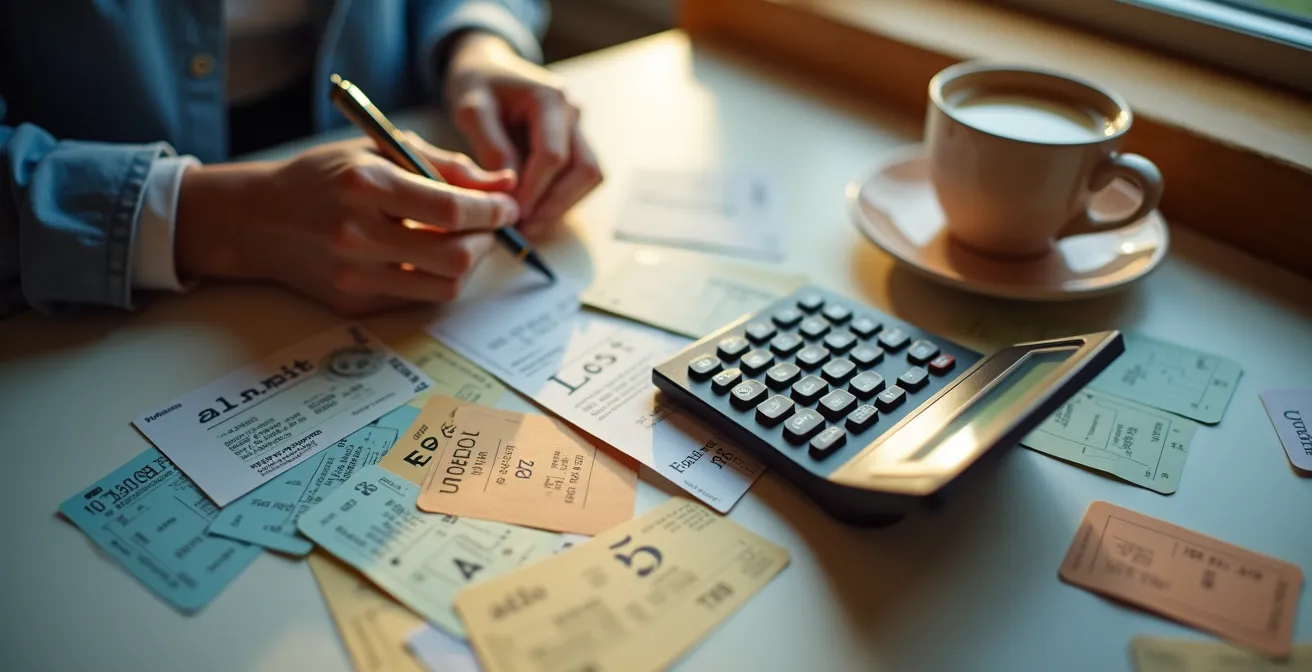 Main tenant une calculatrice avec des billets d'entrée flous en arrière-plan