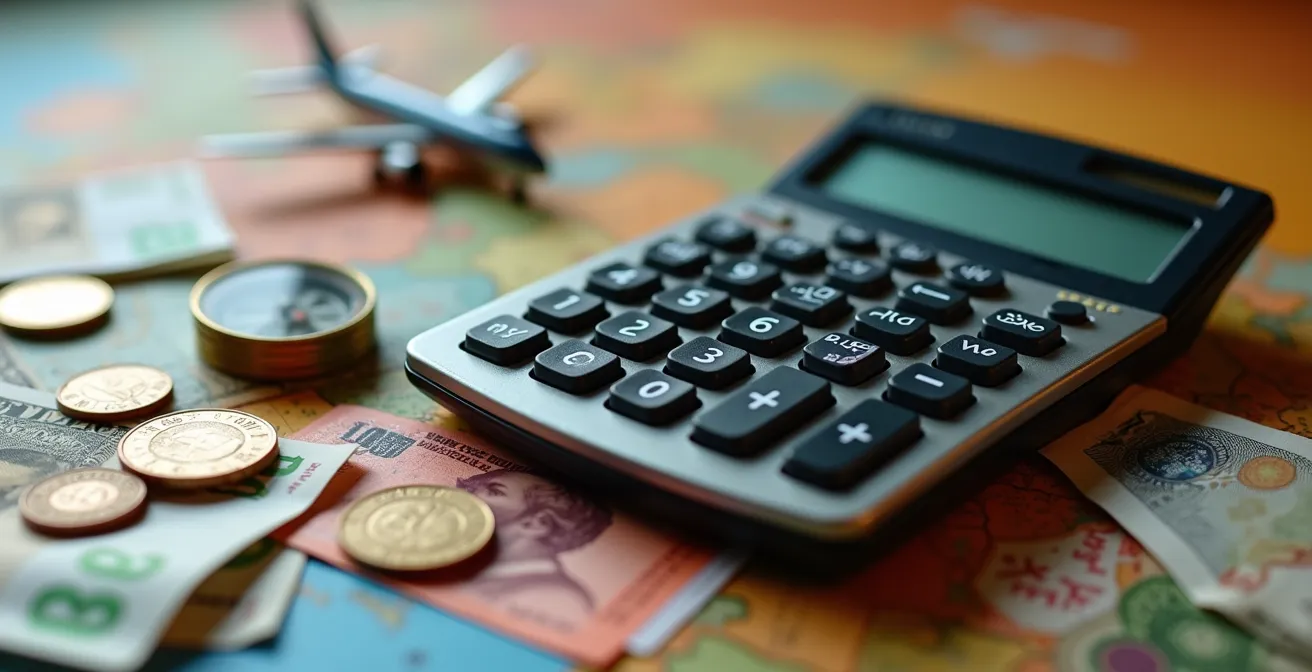 Calculatrice vintage entourée de devises internationales et d'une carte stylisée