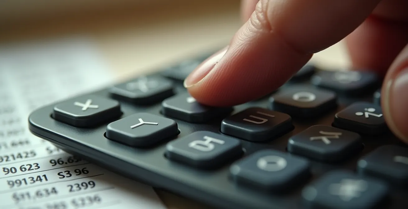 Vue macro d'une calculatrice avec factures d'hébergement floues en arrière-plan