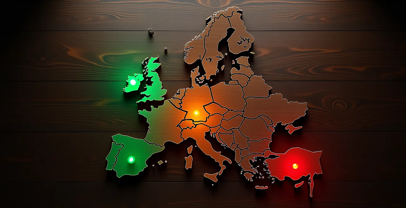 Carte d'Europe stylisée avec indicateurs de risque de grève par pays