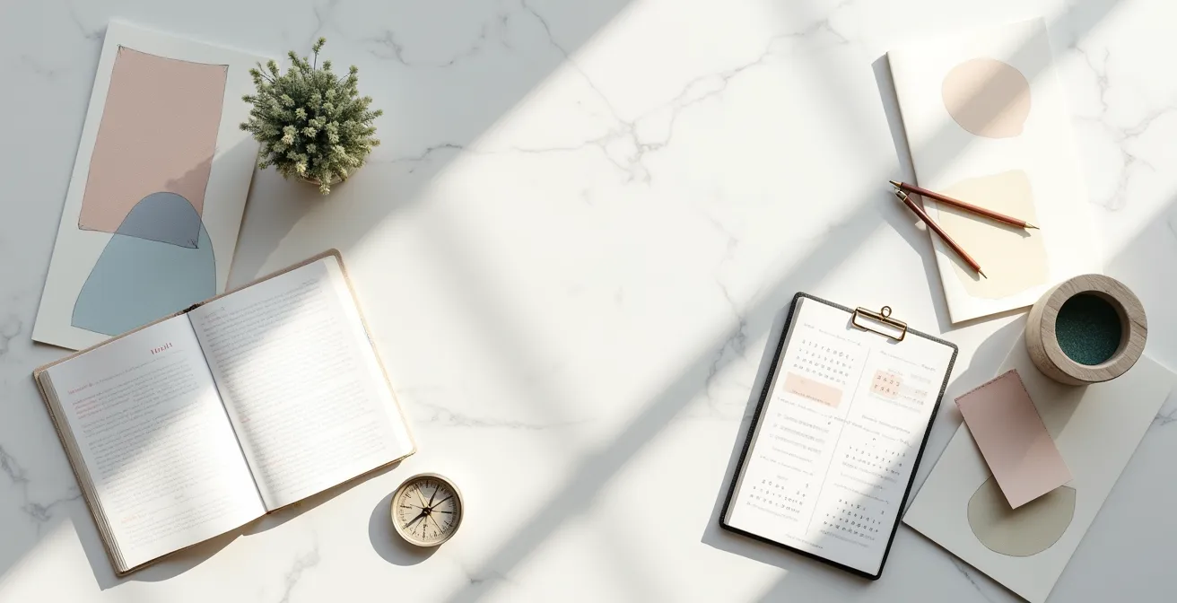 Vue aérienne minimaliste d'un bureau avec calendrier et documents de voyage disposés géométriquement