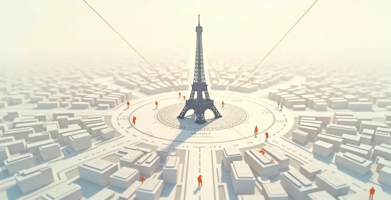 Représentation visuelle du concept de centre de gravité touristique personnel, montrant un point central optimal par rapport à plusieurs lieux d'intérêt dispersés.