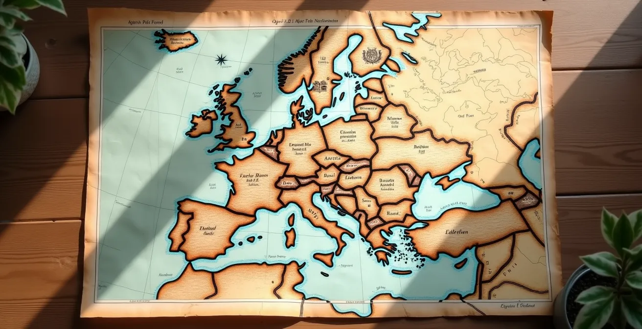 Vue aérienne d'une carte ferroviaire européenne avec les principales lignes de trains de nuit