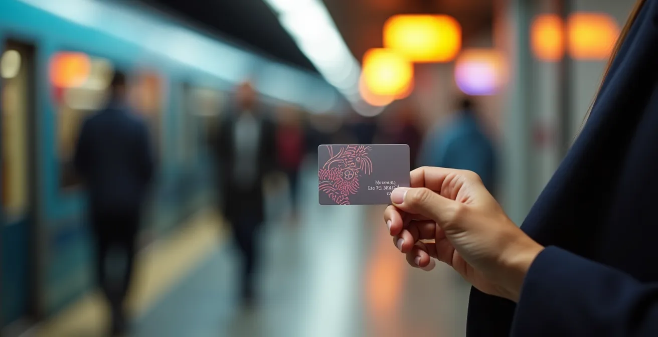 Main tenant une carte de transport avec arrière-plan flou de station de métro animée