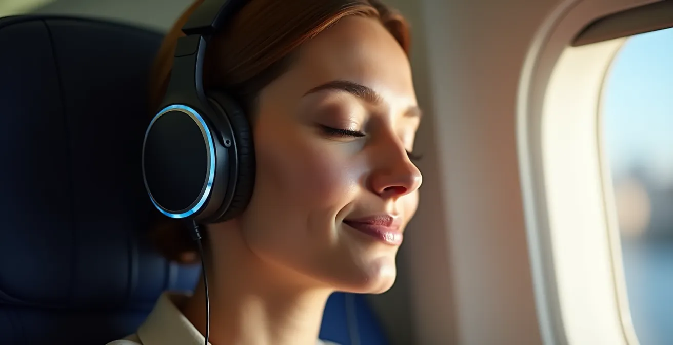 Passager portant un casque antibruit dans un avion, environnement calme et serein