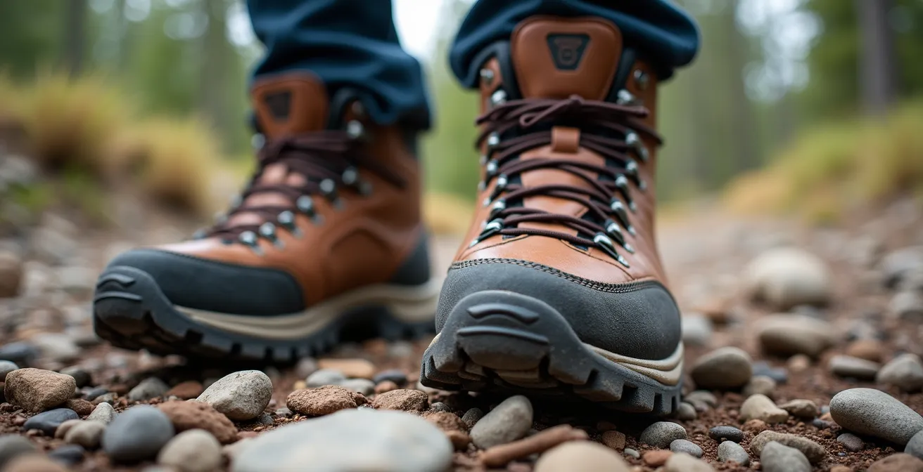 Gros plan sur chaussures de randonnée usées sur sentier rocailleux