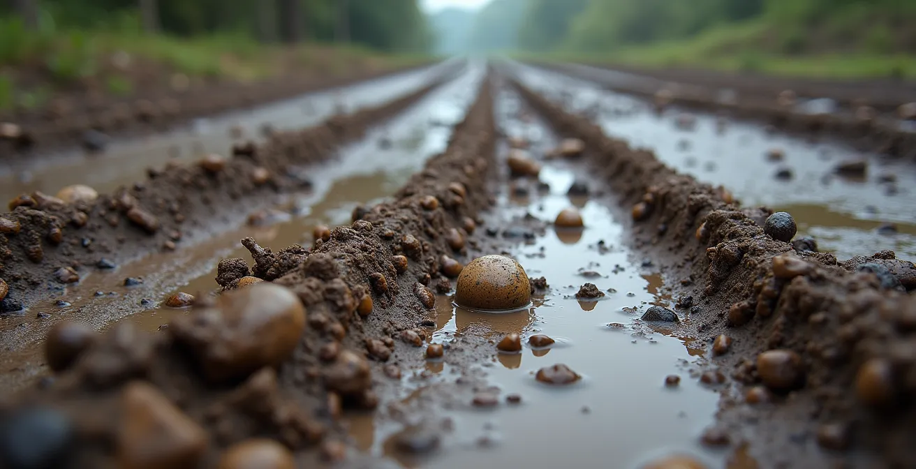 Chemin de terre sinueux montant vers un gîte isolé avec traces de véhicules dans la boue