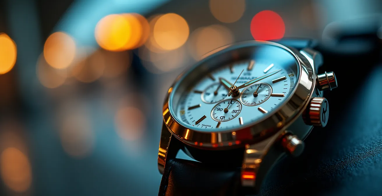 Détail macro d'une montre de voyage avec reflets métalliques dans un environnement aéroportuaire