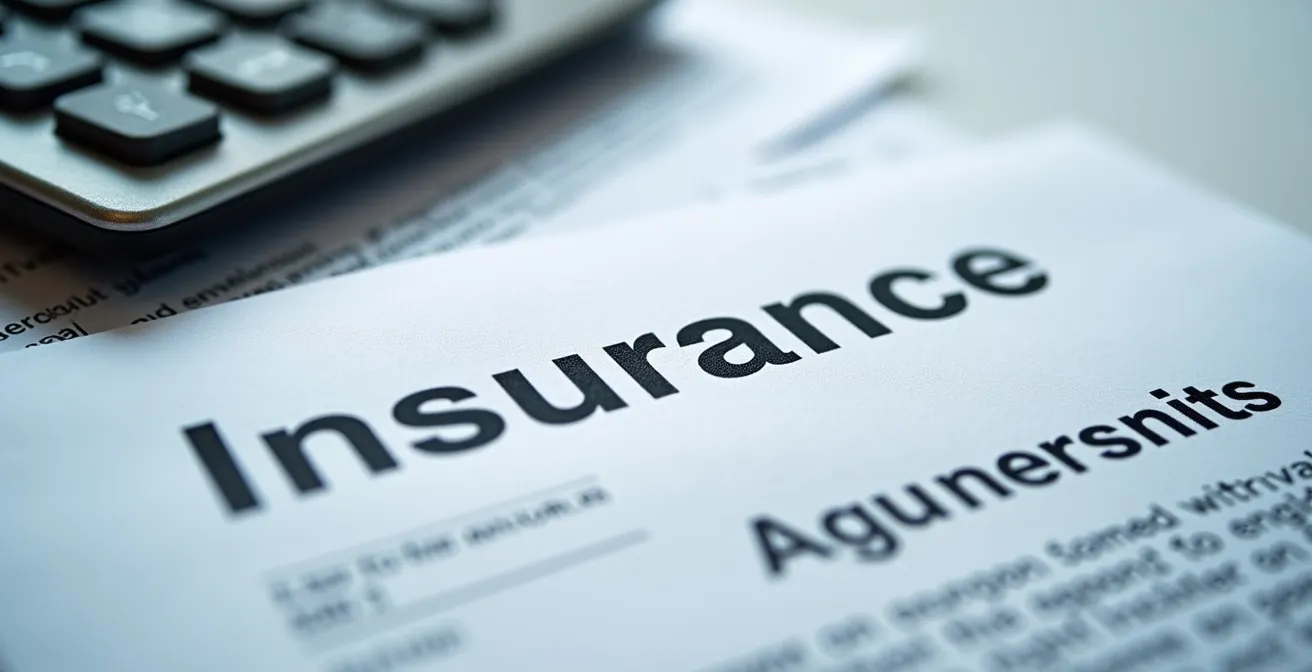 Documents d'assurance étalés sur une table en bois avec calculatrice et stylo