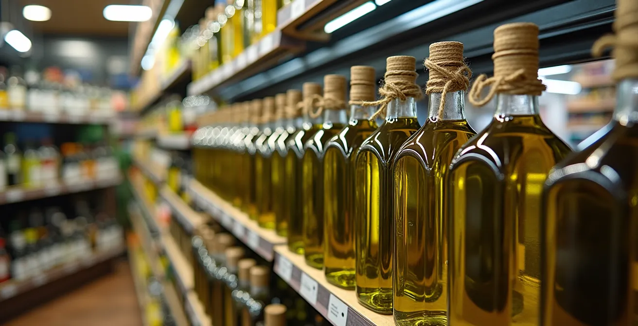 Vue comparative d'un rayon de supermarché avec huiles d'olive locales et section touristique