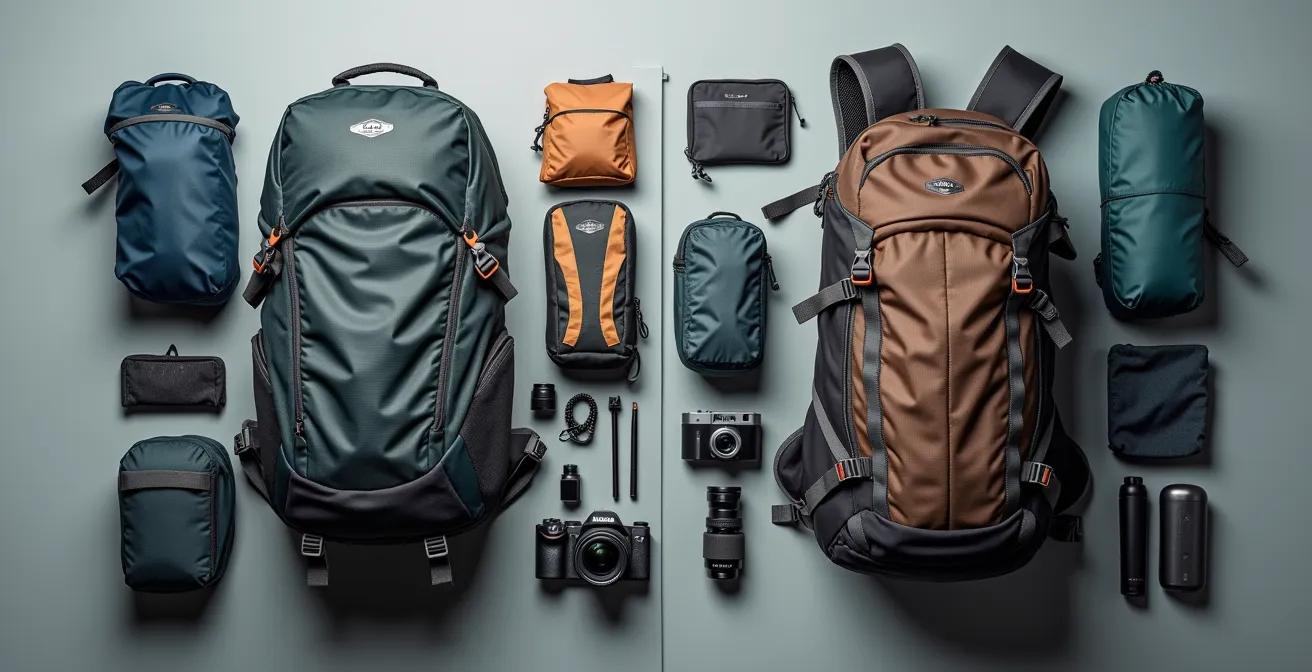 Comparaison visuelle entre un sac ultralight minimaliste et un sac traditionnel avec leur contenu étalé