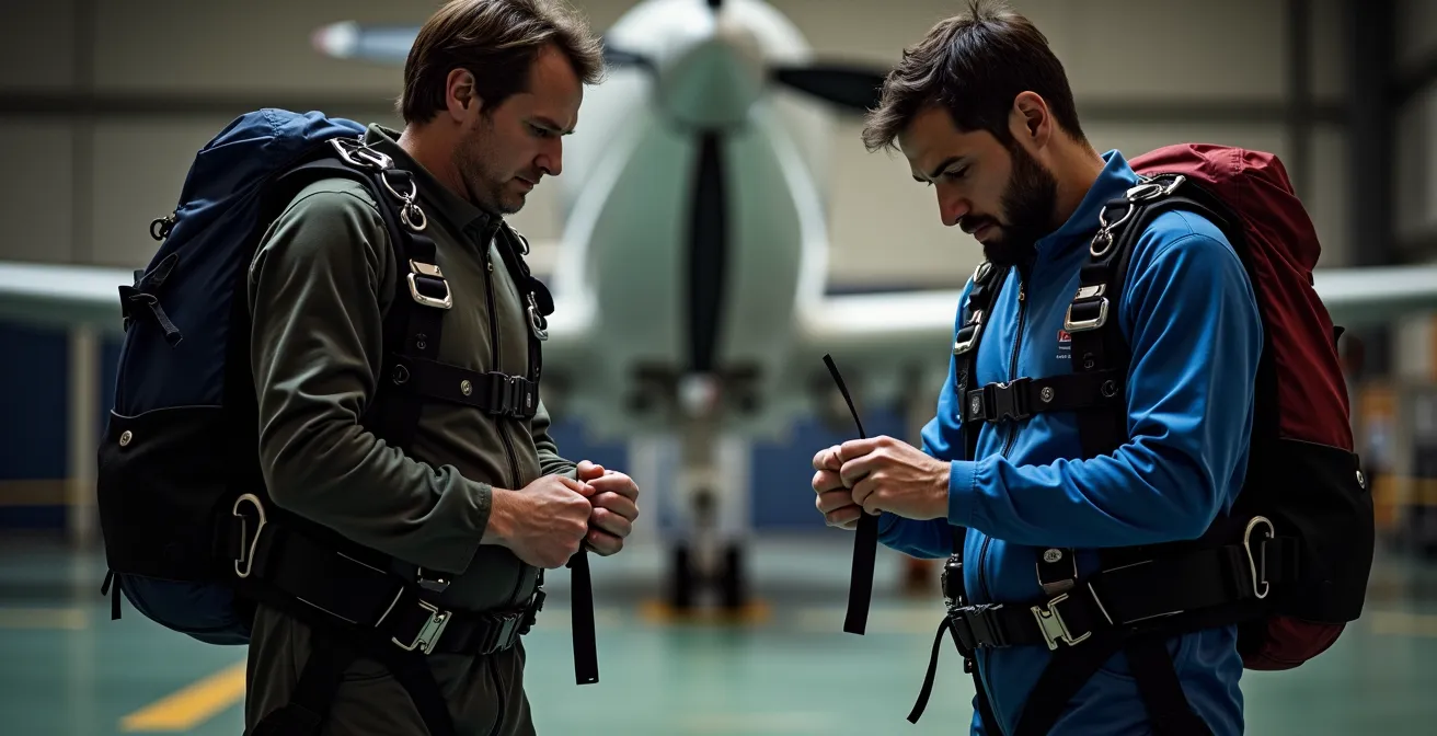 Deux parachutistes se préparant, l'un en tandem avec instructeur, l'autre en solo