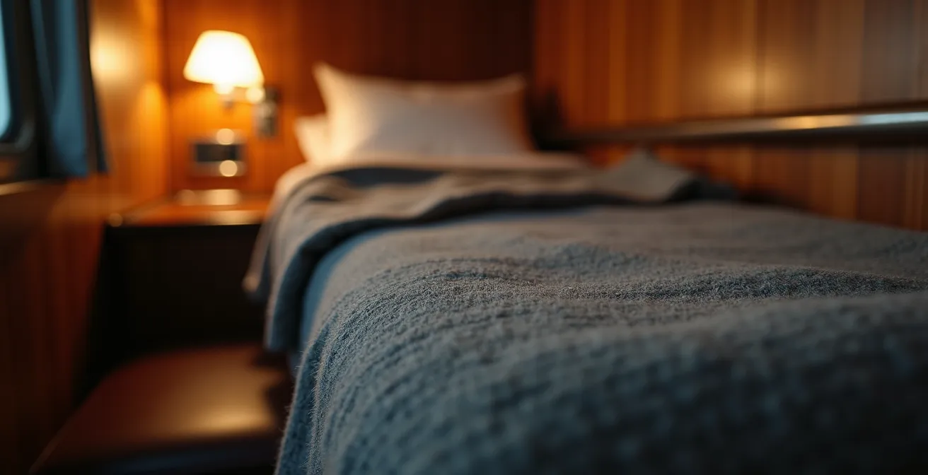 Intérieur d'un compartiment de train de nuit avec couchettes superposées