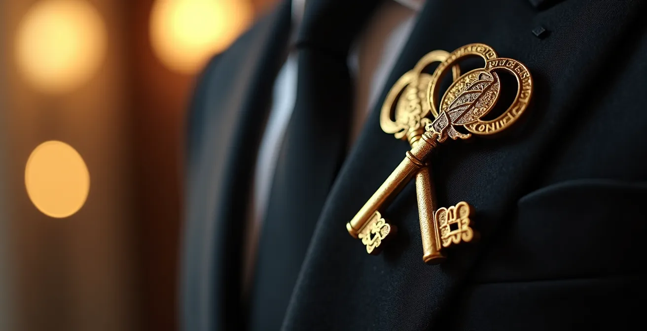 Gros plan sur le badge doré des Clefs d'Or sur le revers d'un costume de concierge