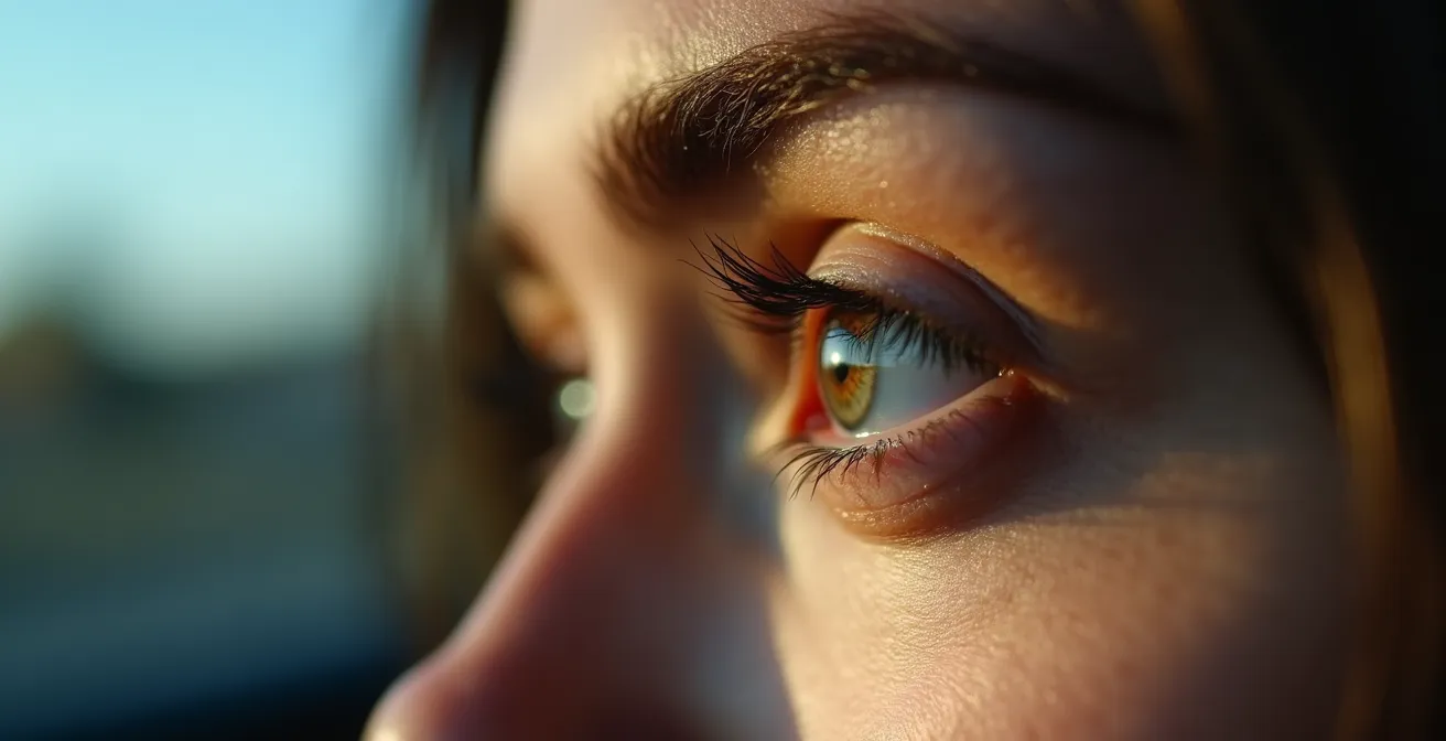 Gros plan macro sur les yeux fatigués d'un conducteur montrant les signes de somnolence