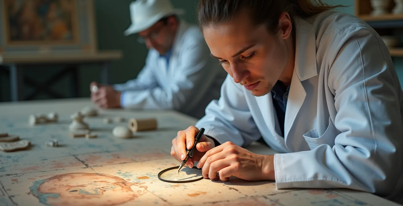 Conservateur-restaurateur analysant délicatement une fresque ancienne avec des instruments de précision