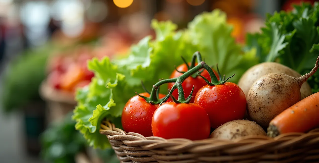 Panier de légumes frais sur un étal de marché local traditionnel