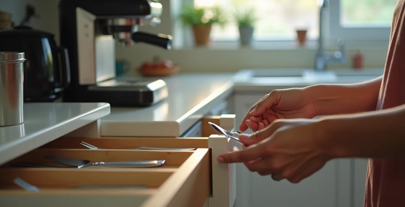 Cuisine équipée moderne avec ustensiles et électroménager visible pour location saisonnière