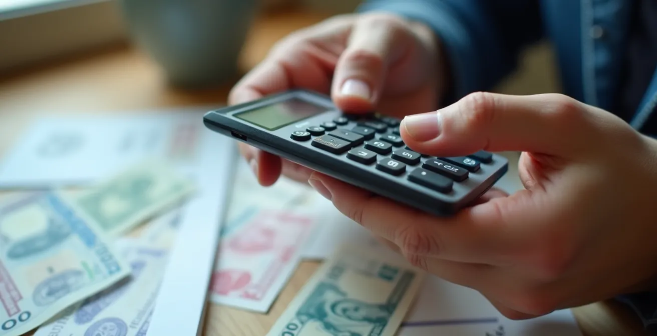 Mains tenant une calculatrice avec des papiers de facture de croisière flous en arrière-plan