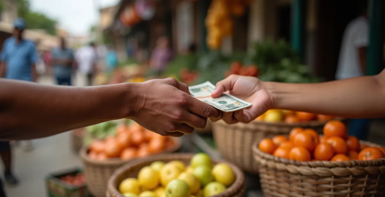 Scène de marché local avec voyageur et vendeur échangeant dans une atmosphère chaleureuse