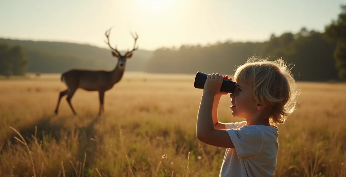 Enfant observant un animal sauvage à distance sécuritaire avec jumelles