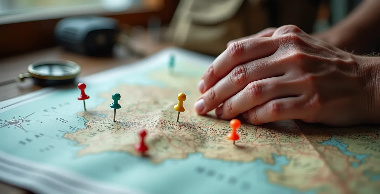 Gros plan macro sur des mains explorant une carte topographique avec des épingles colorées