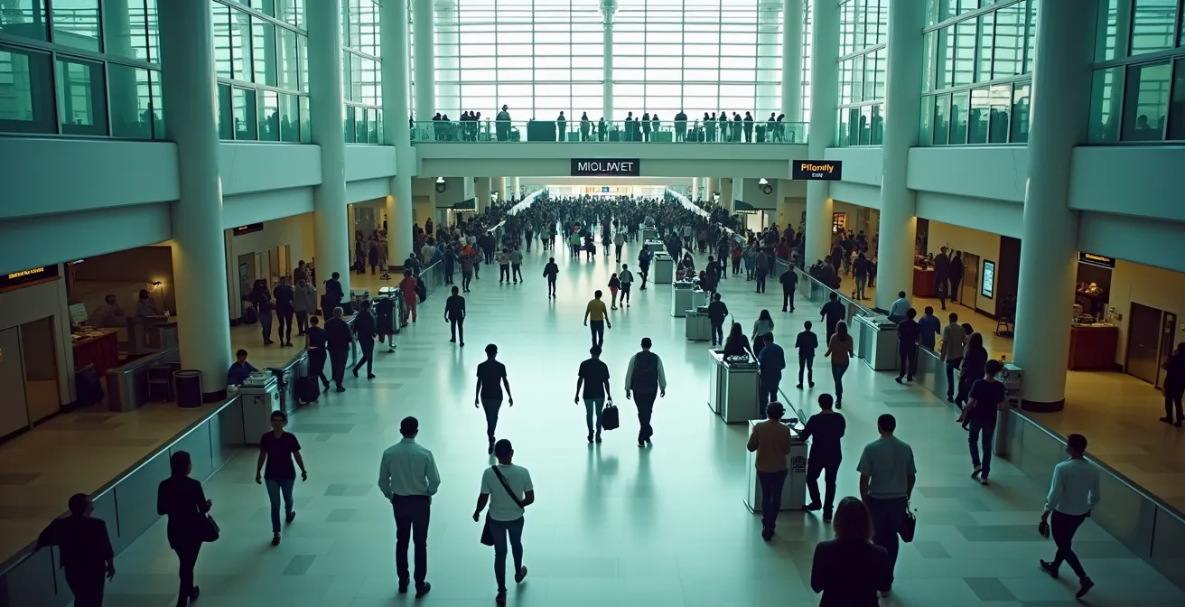 Vue aérienne des files d'immigration avec une file rapide presque vide et une file standard bondée