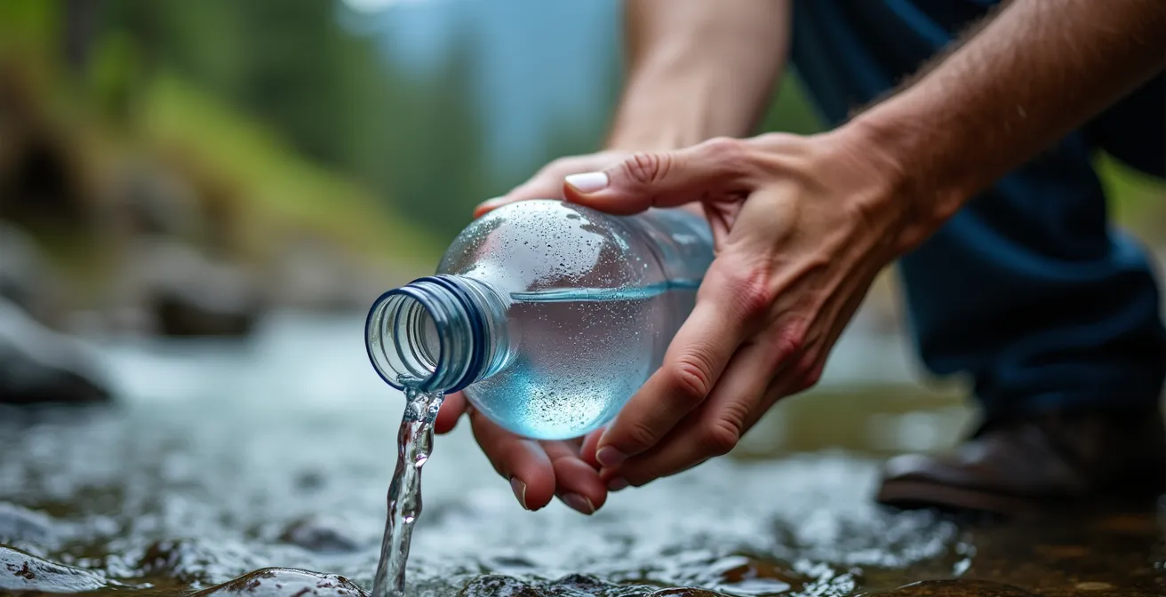 Randonneur remplissant sa gourde à une source d'eau claire en montagne