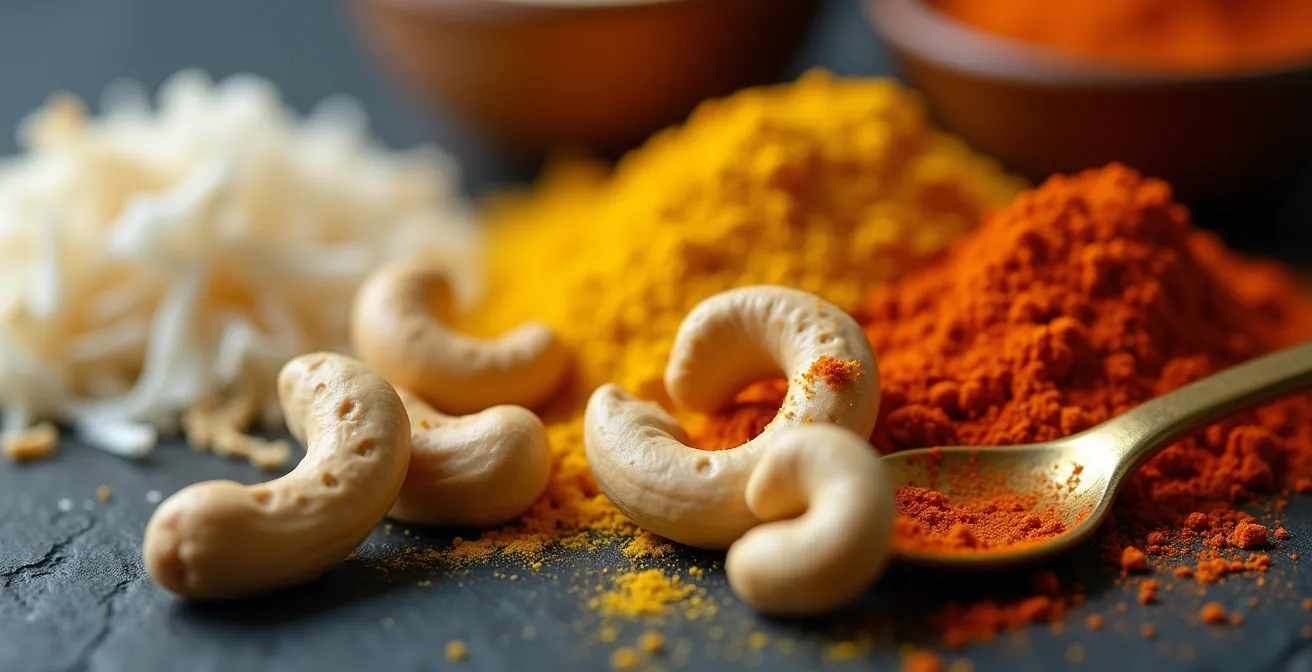 Vue macro de noix de cajou, noix de coco râpée et épices pour curry
