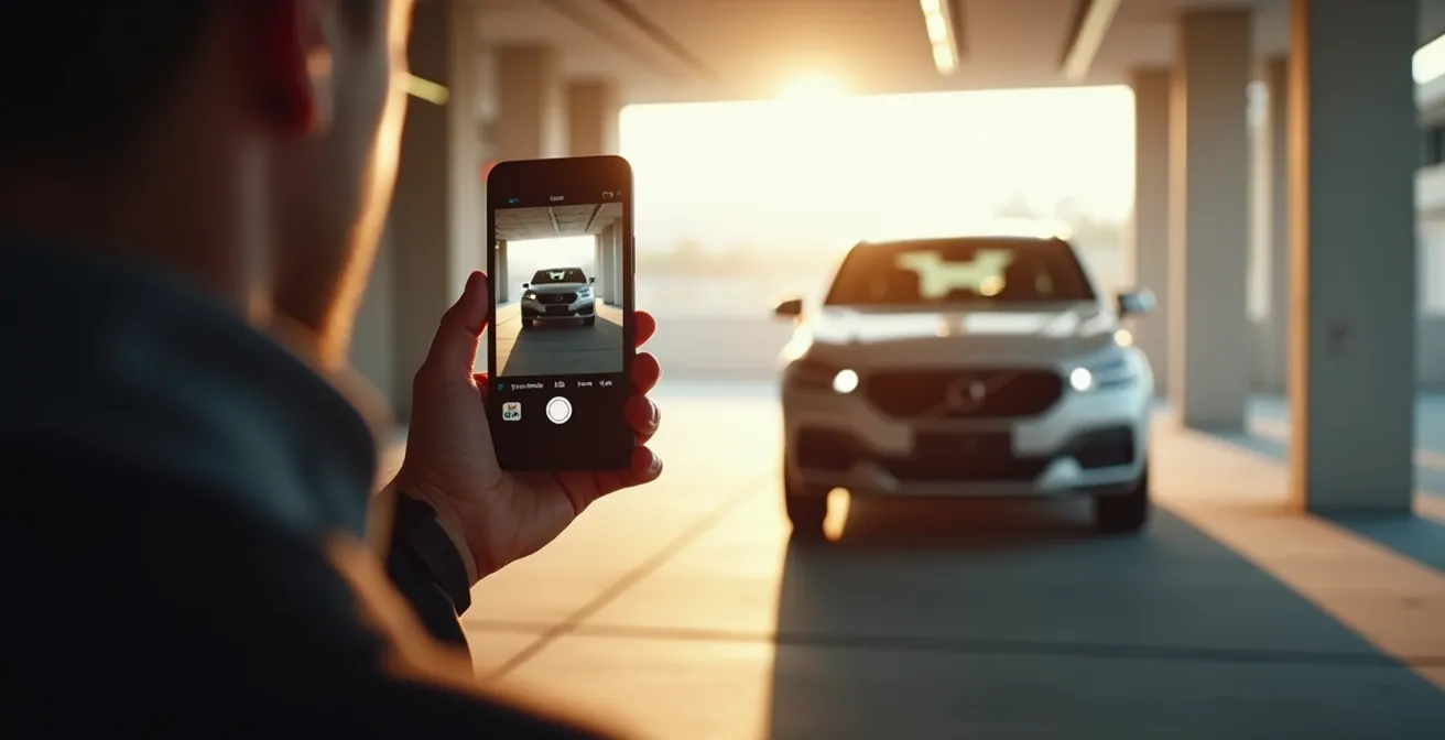 Inspection méthodique d'un véhicule de location avec documentation photographique