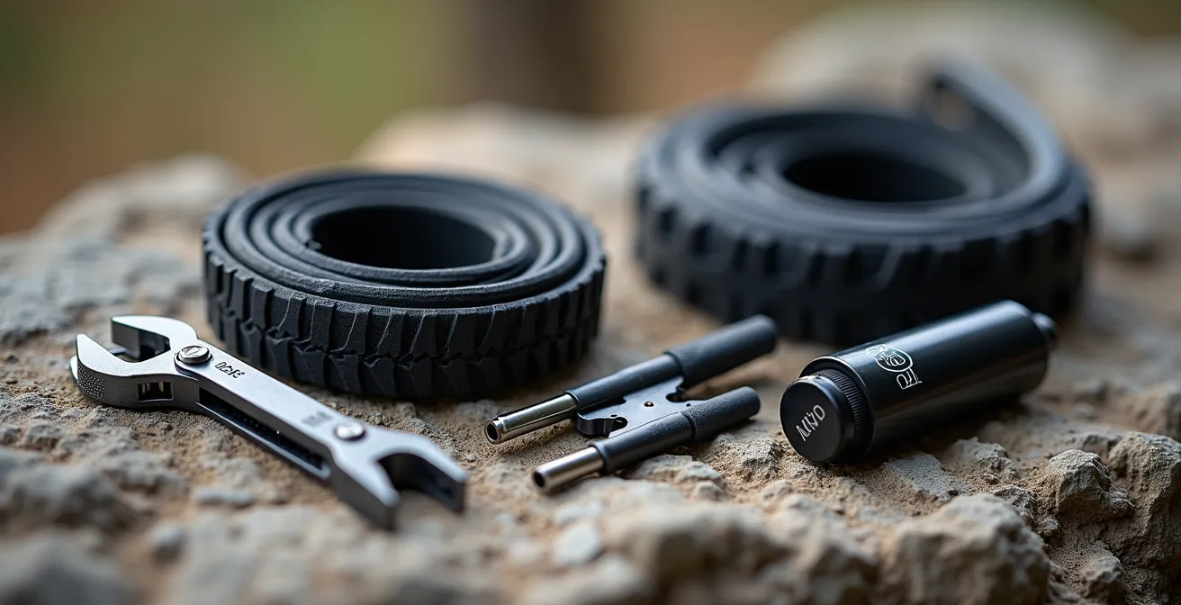 Kit de réparation VTT avec multi-outils, chambre à air et pompe disposés sur une surface rocheuse