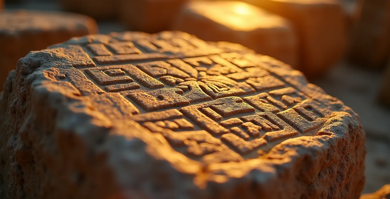 Détail de gravures antiques révélées par la lumière rasante du soleil couchant