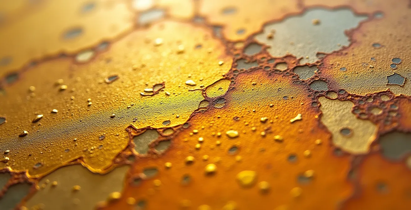 Vue macro d'une surface de peinture ancienne montrant les craquelures et la texture des pigments