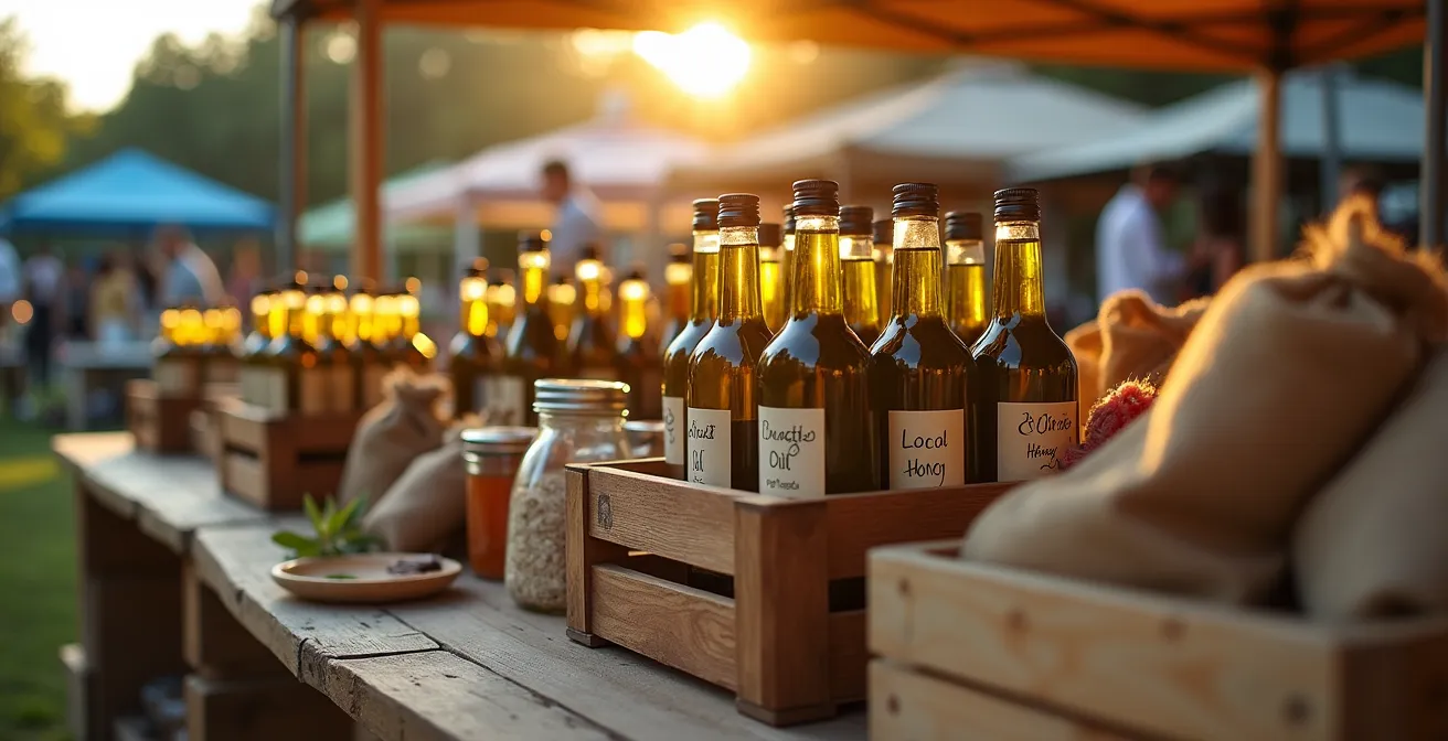 Étal de marché local avec produits du terroir dans leur emballage simple et authentique