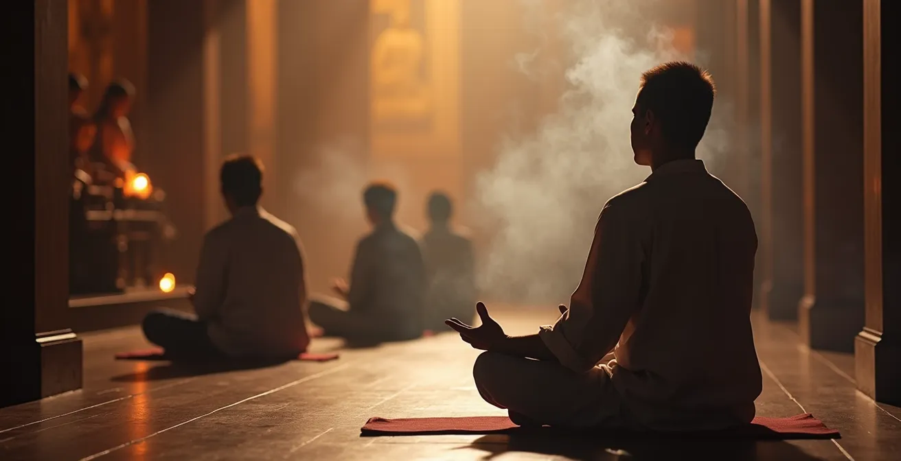 Personne en méditation silencieuse dans un coin d'un temple bouddhiste.