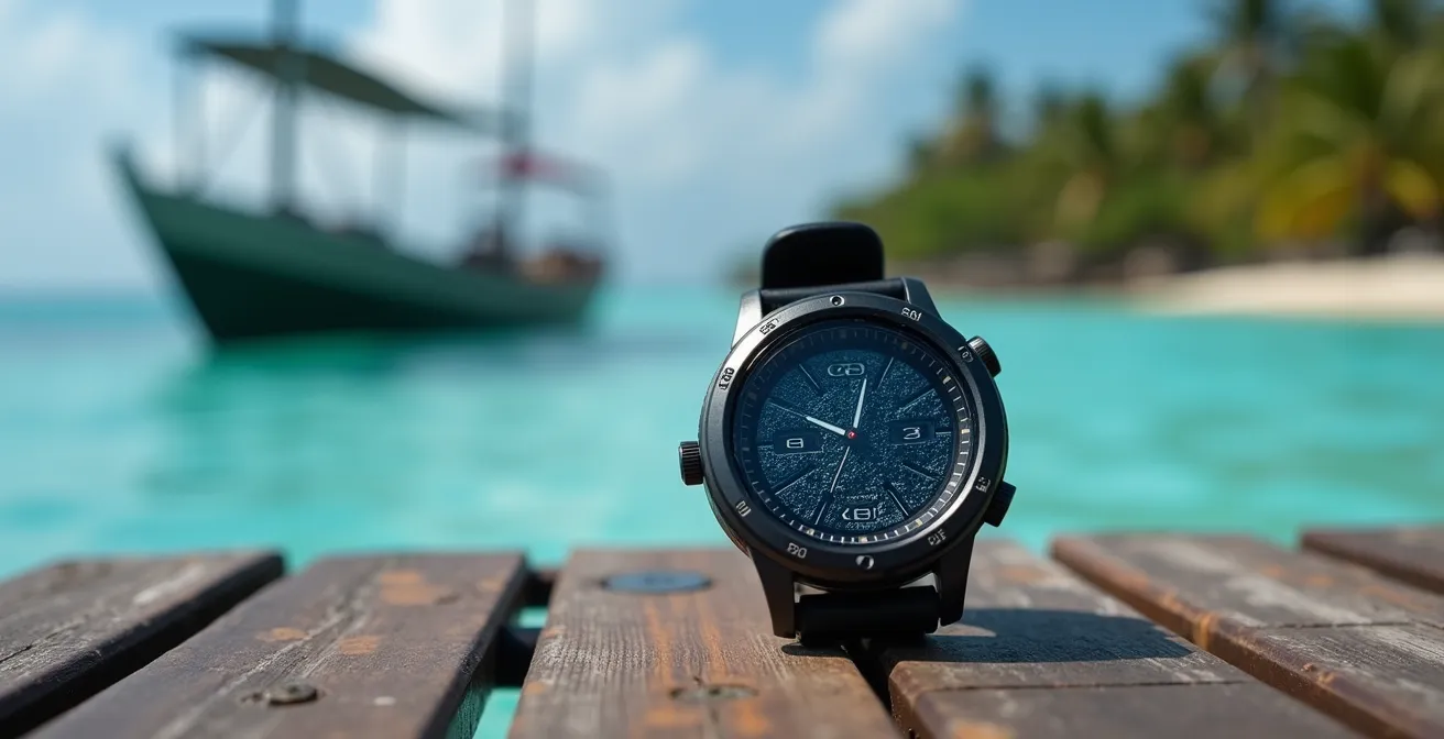 Gros plan sur un ordinateur de plongée montrant l'indicateur de temps avant vol en contexte tropical