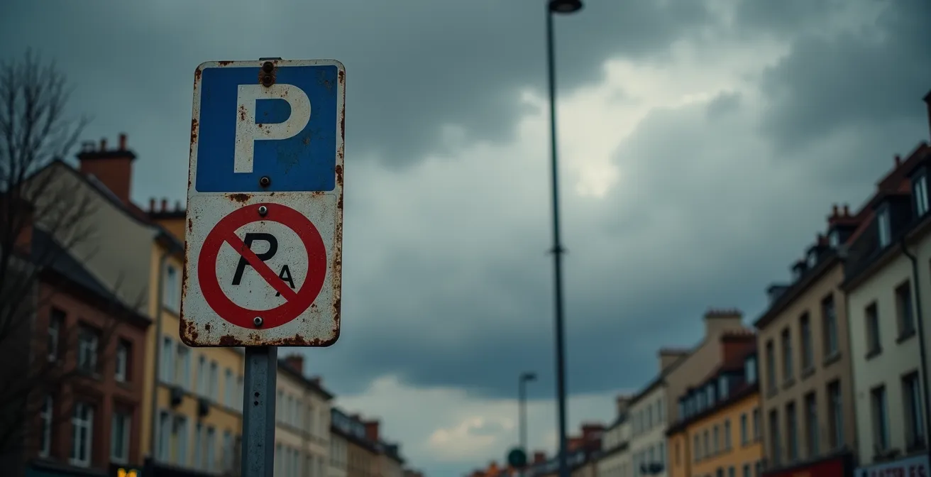 Panneau de stationnement avec symboles d'interdiction et de mise en fourrière dans un environnement urbain français