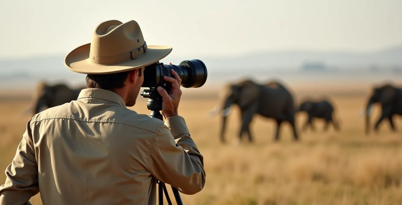 Photographe utilisant un téléobjectif pour observer les animaux à distance respectueuse
