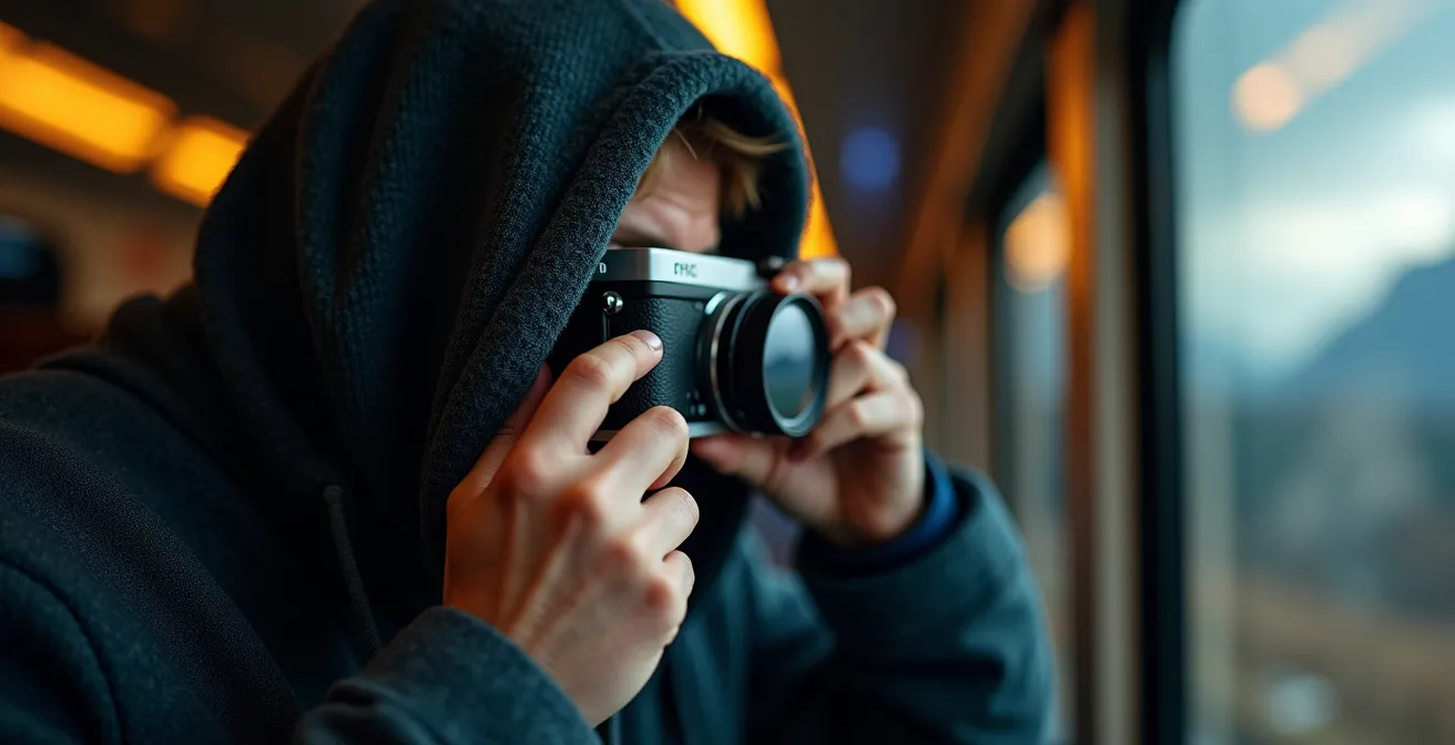 Gros plan sur un photographe utilisant une technique pour éviter les reflets sur la vitre d'un train