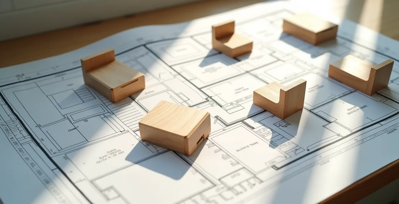 Vue aérienne d'un plan d'architecte montrant la disposition des chambres et espaces de couchage dans un gîte