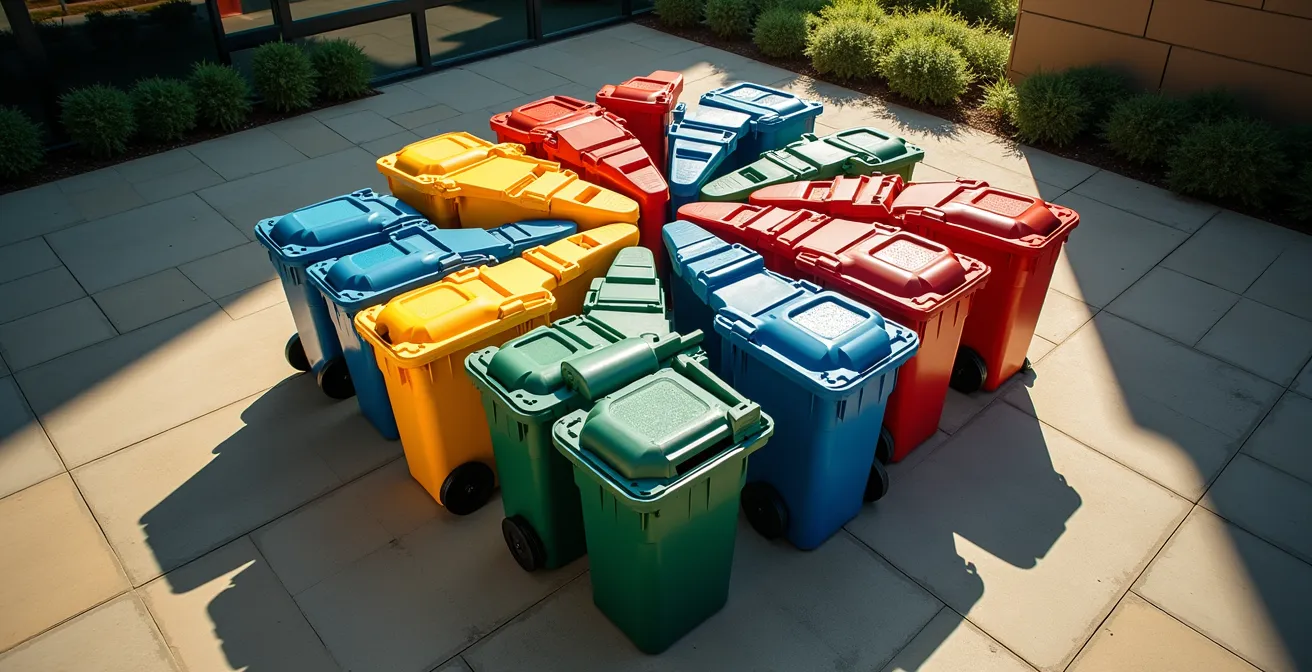Système de tri sélectif avec bacs de couleurs différentes dans une cour d'immeuble