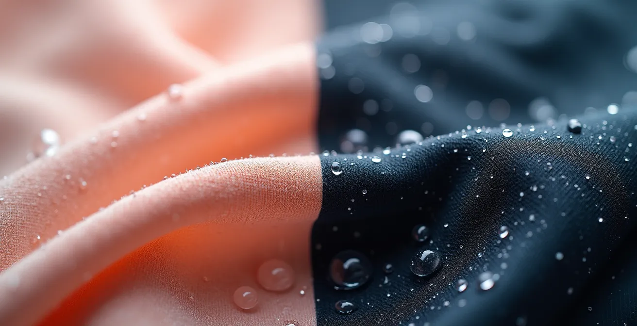 Comparaison macroscopique entre la texture d'un tissu en coton mouillé et celle d'un lycra technique certifié UPF, montrant la différence de densité des fibres.