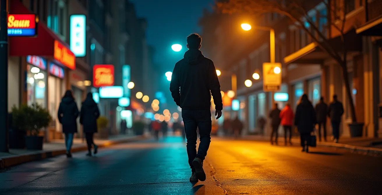 Comparaison visuelle entre l'ambiance d'un quartier animé et celle d'un quartier résidentiel la nuit