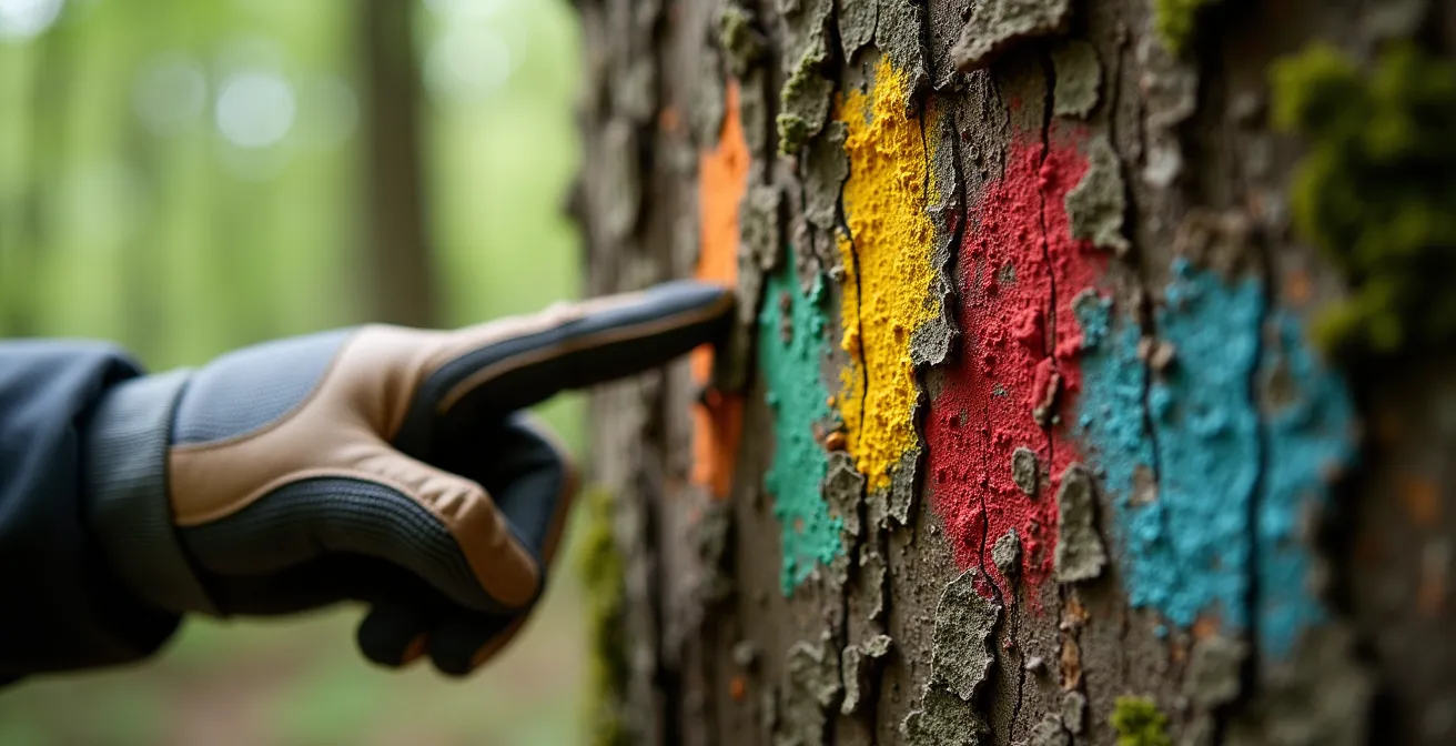 Randonneur examinant des marques de couleur sur un arbre en forêt